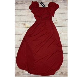 Off the shoulder ruffle party dress.